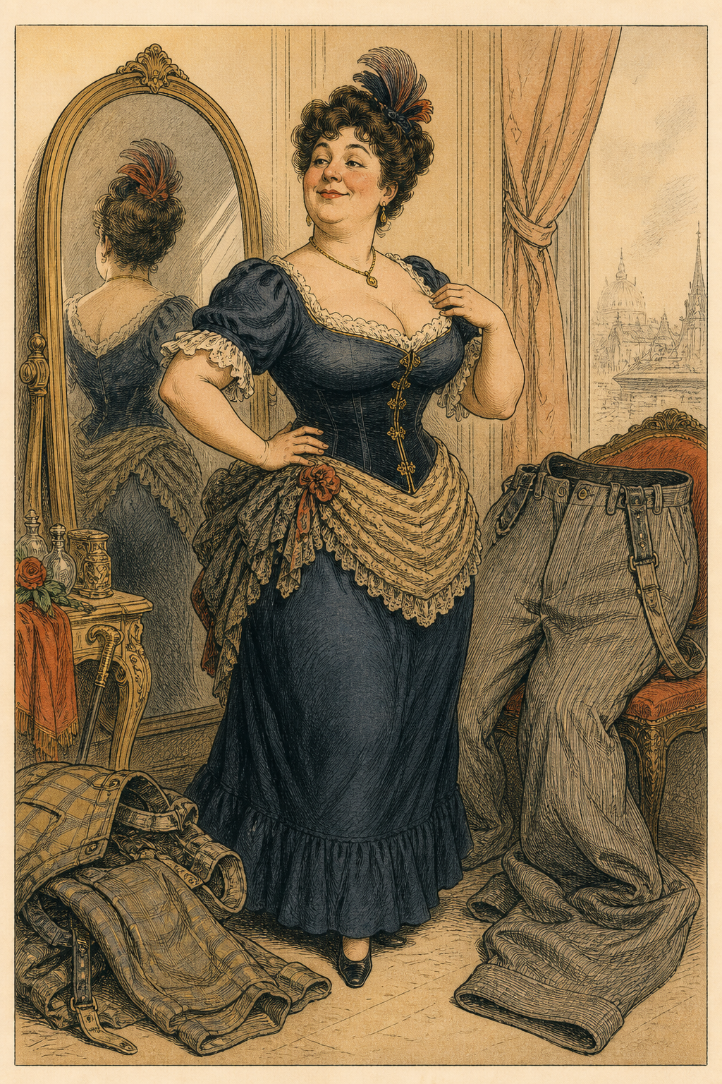 Vintage satirical illustration of an elegant woman beside oversized trousers