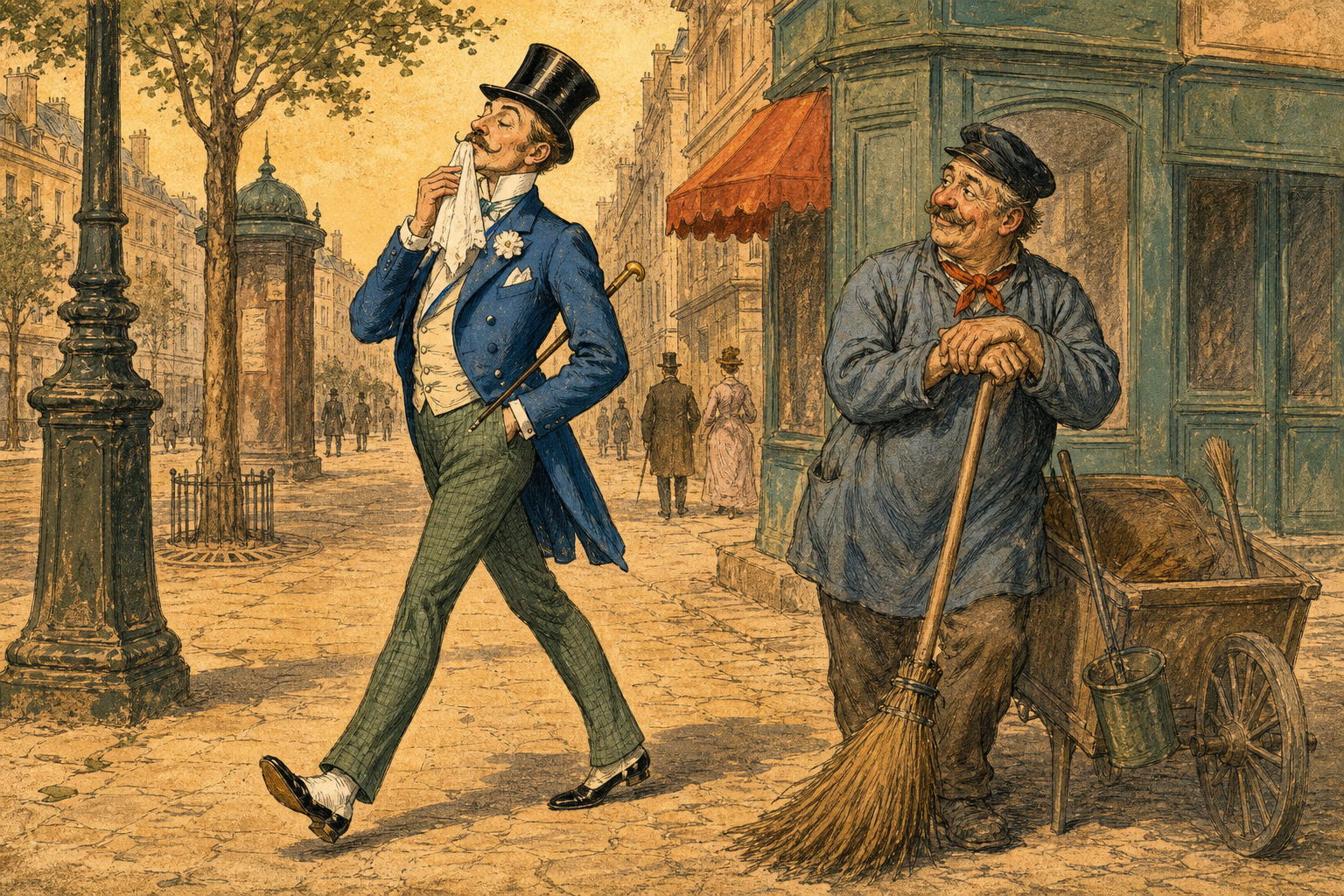 A street sweeper and boulevard gentleman in a vintage French satirical illustration